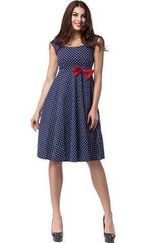 F2510  Blue and White Polka Dot With Red Bow Sleeveless Tank Dress Ball Gown